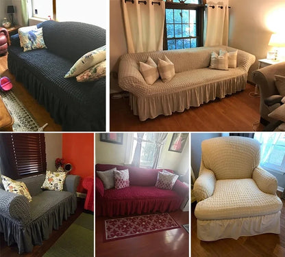 1 Seater Seersucker Sofa Cover with Elastic Skirt Stretch Sofa Protector Removable Slipcover Armchair Cover Elastic Couch Cover
