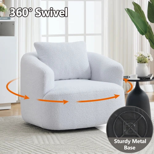 360° Swivel Single Sofa Chair (White) - Teddy Fleece Upholstery, High-Resilience Sponge, Soft Pillow & No Assembly Needed