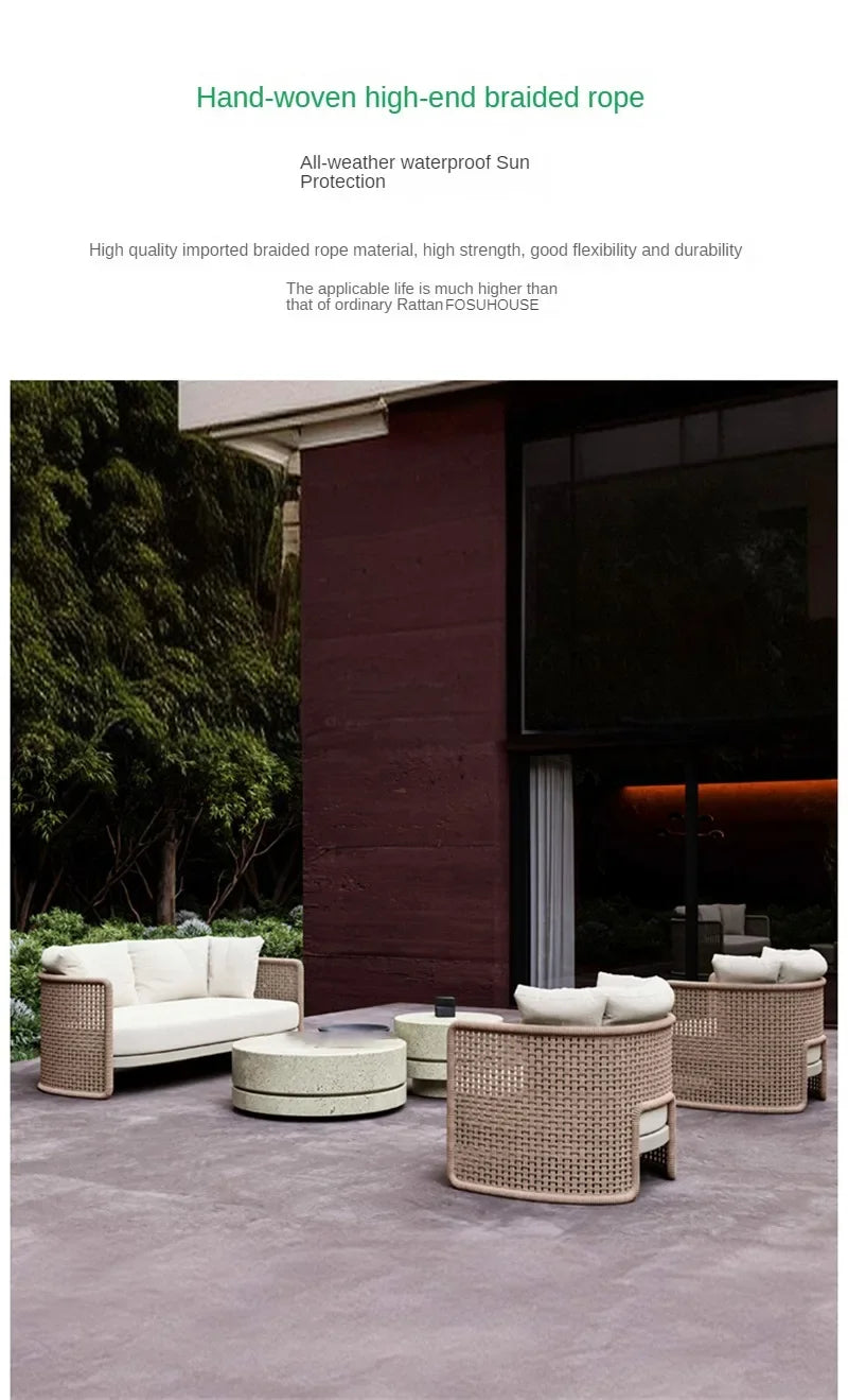 Retro Rattan Outdoor Sofas Luxury Garden Furniture Leisure Home Balcony Patio Set Rainproof and Sunproof Nordic Rope Sofa Chair