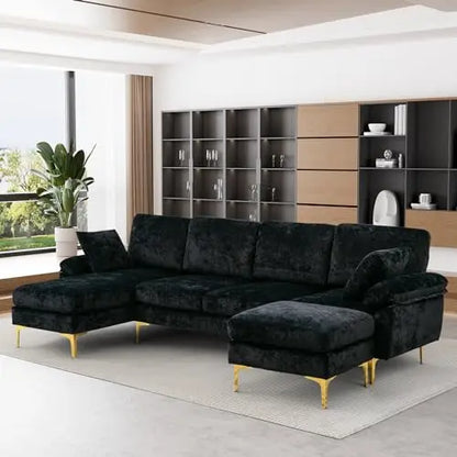 U Shaped Sectional Sofa Couch Set for Living Room Convertible Velvet with Chaise Lounge Ottoman and Pillows