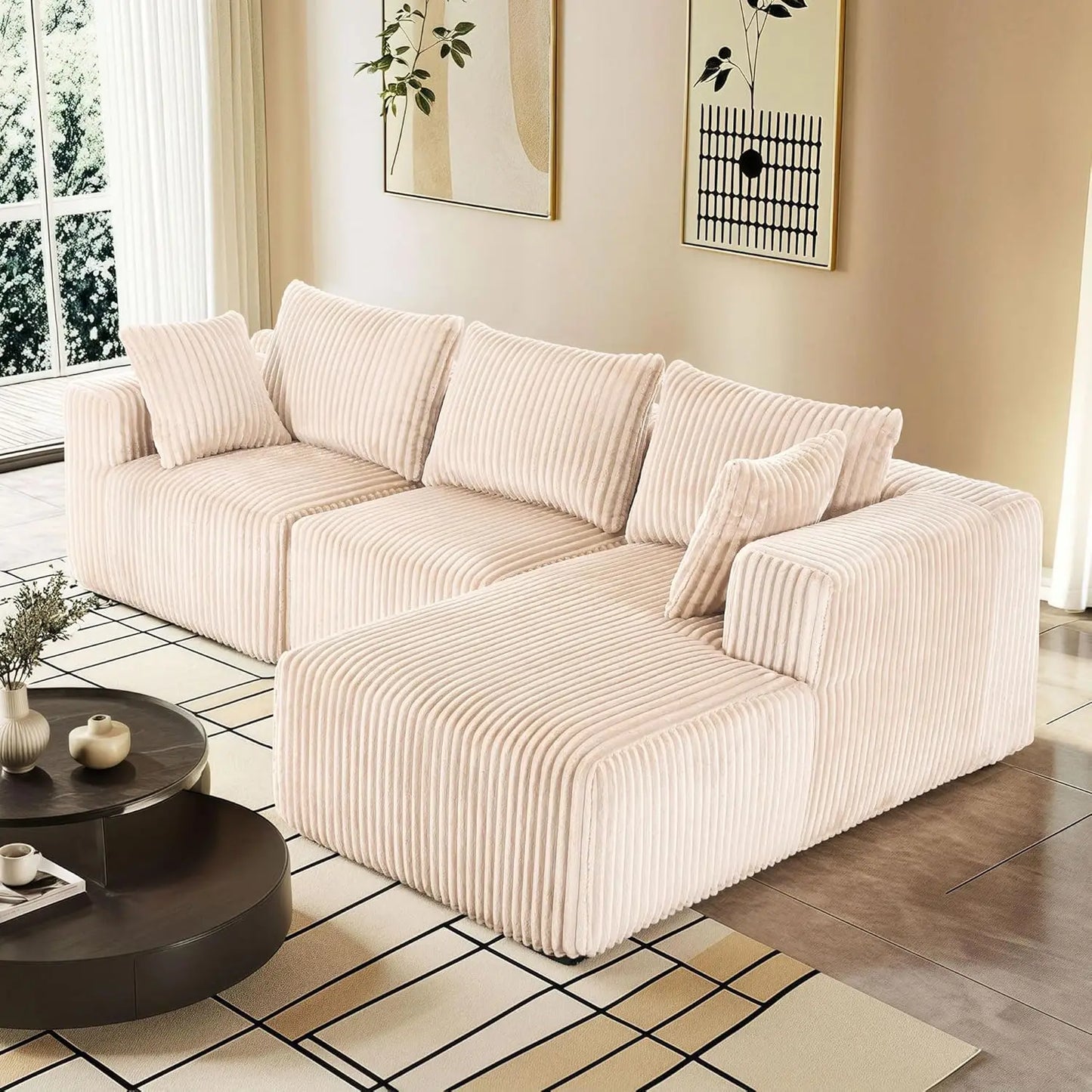 Modular Sectional with L-Shape Chaise, Cloud Sofa Living Room Bedroom Upholstered Sofa - No Installation - Plush Corduroy Fabric