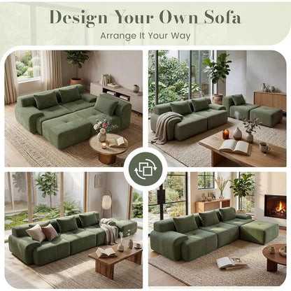 Green Oversized L-Shape Sectional Sofa with Deep Seat, Ottoman, and 3 Pillows