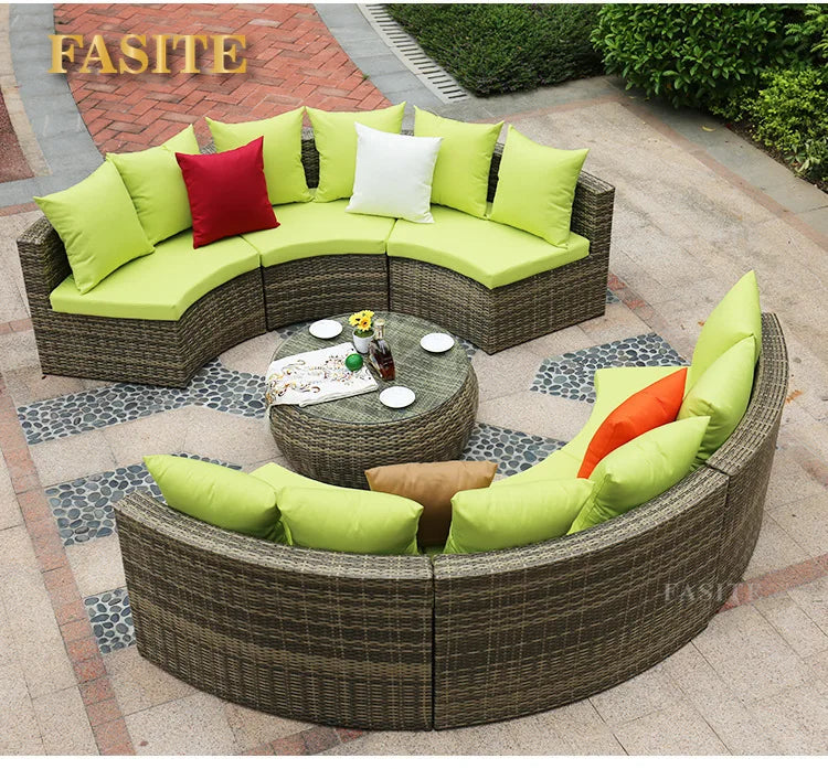 Outdoor round rattan sofa combination garden courtyard semi-circular rattan chair  hotel curved living room sofa