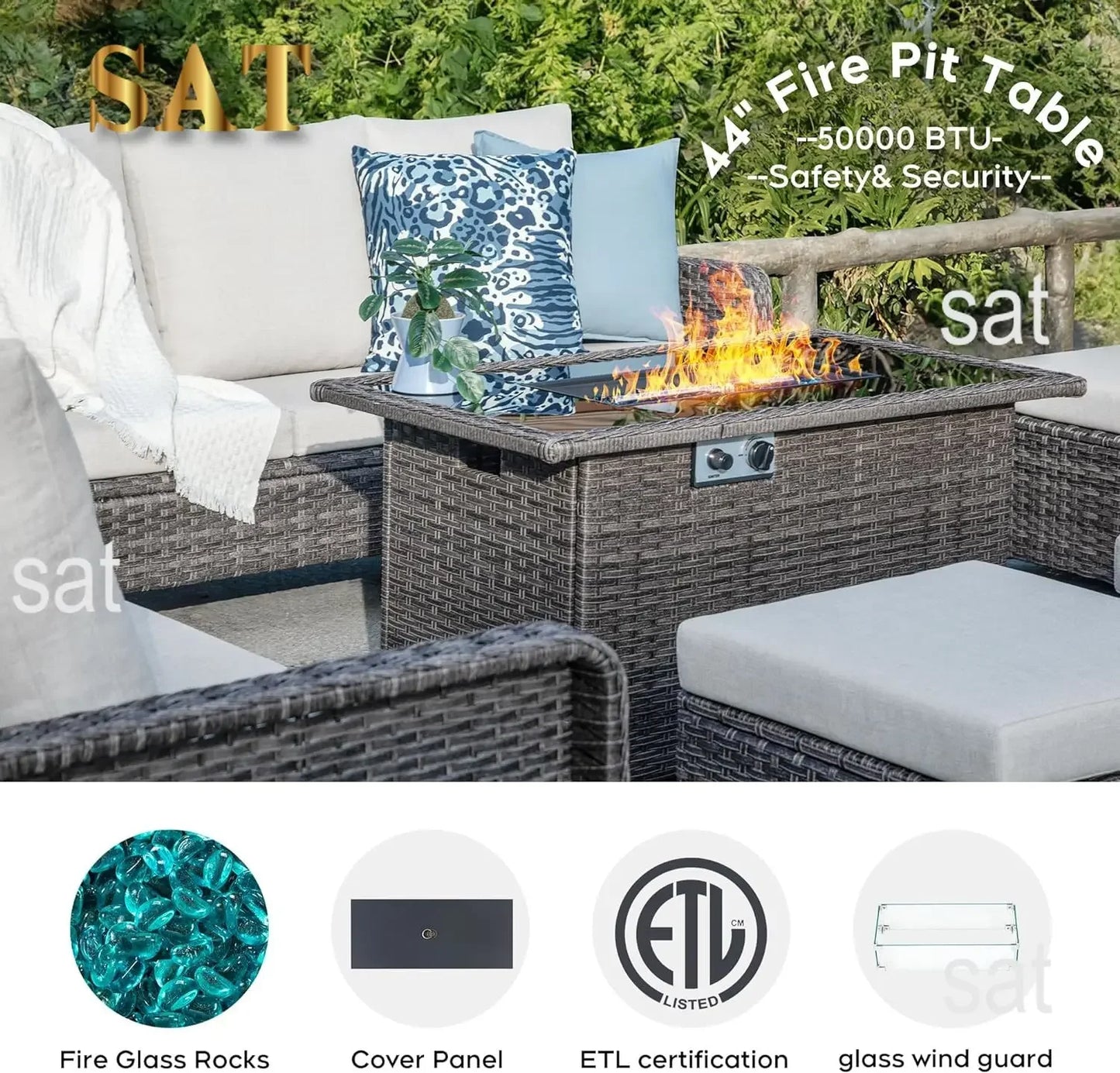 Rattan Outdoor Furniture Set, 6-piece Outdoor Deep-seated Leisure Set, Including Brazier Table and Footstool