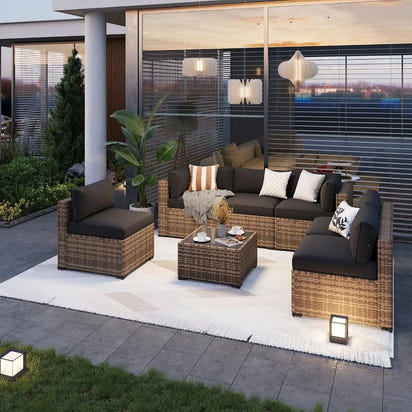 7-piece outdoor patio furniture set with plush cushions - wicker conversation sectional sofa
