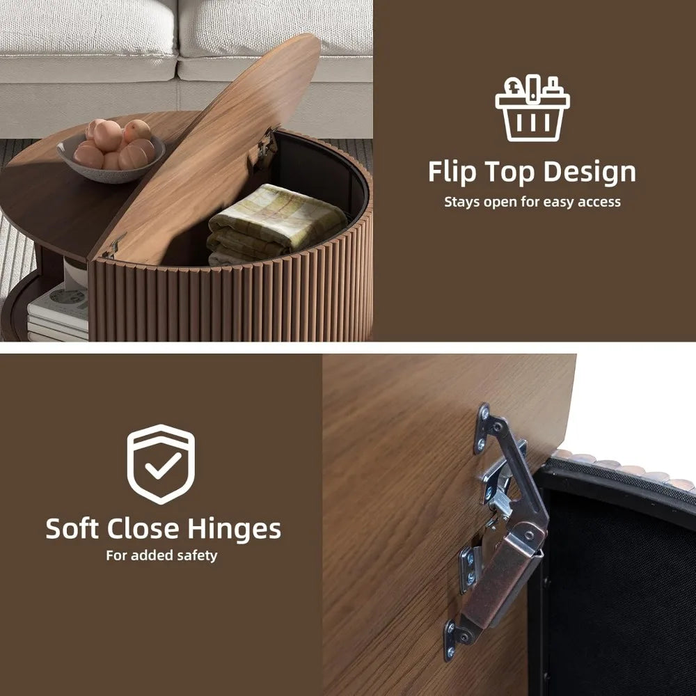 Round Coffee Table with Storage,Fluted Center Table with Sliding Cabinet Door for Living Room,Home Small Space