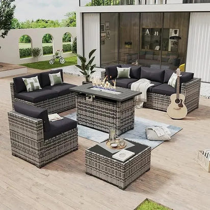 8 Piece Outdoor Patio Furniture Set with 44” Fire Pit Table, Rattan Wicker Sectional Sofa and Coffee Table with Thick Cushions