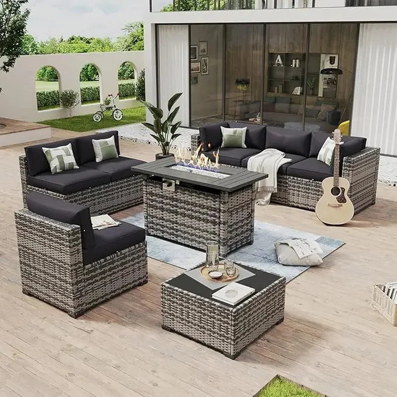 8 Piece Outdoor Patio Furniture Set with 44” Fire Pit Table, Rattan Wicker Sectional Sofa and Coffee Table with Thick Cushions