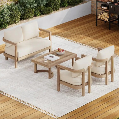 4-Piece Acacia Outdoor Furniture Set, Deep Seating Patio Conversation Set with Coffee Table and Soft Cushions, Ideal for