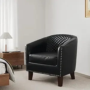 Accent Chair, Upholstered Faux Leather Barrel Chair with Nailed Trim, Comfy Club Armchair for Reading Living Room Bedroom Waitin