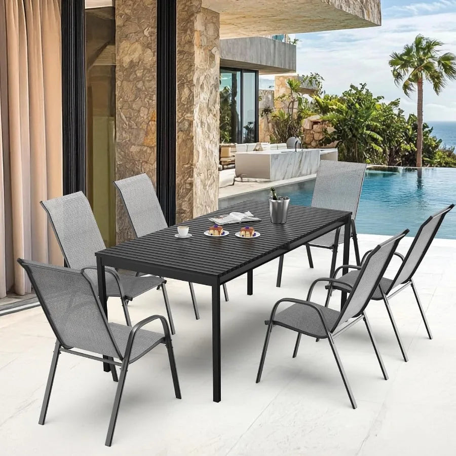 Patio Chairs Set of 8 Stackable Outdoor Dining Chairs with Comfortable Sling High Back Chairs and Armrests for Lawn Poolside Co