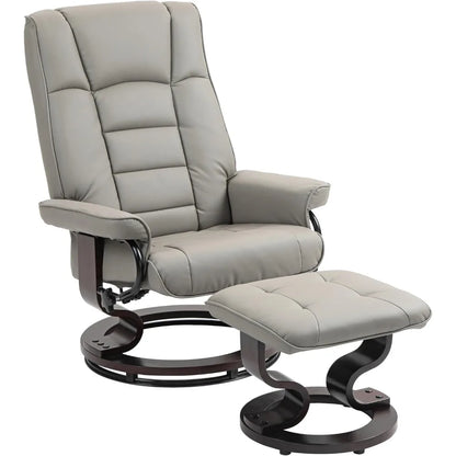 Faux Leather Reclining Chair, Swivel Ottoman Chair, Recliner with Ottoman with High Back and Wood Frame for Living Room, Gray