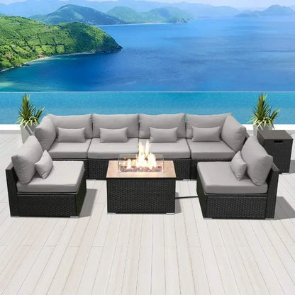 Fire Table Set Sectional Outdoor Furniture Propane Firepit Dark Brown Rattan Outdoor Sofa Set (with a rectangular/square table)