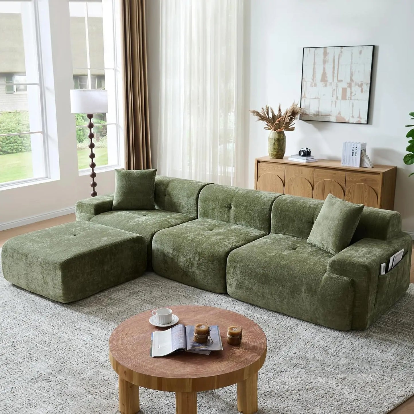 118" Modern L-Shaped Boneless Couch Modular Sectional Sofa for Living Room, Chenille Upholstery Beige, Oversized 3-Seater