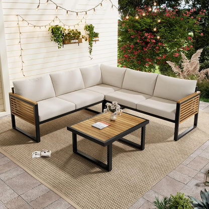 Acacia Wood 4pc Outdoor Sectional Sofa Set with Cushions and Slatted Design - Modern Patio, Deck & Garden Seating, Customized