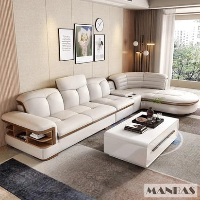 Luxury L-Shaped Genuine Leather Sectional Sofa Sets with USB, Bluetooth Speaker - MANBAS Living Room Italian Leather Couches