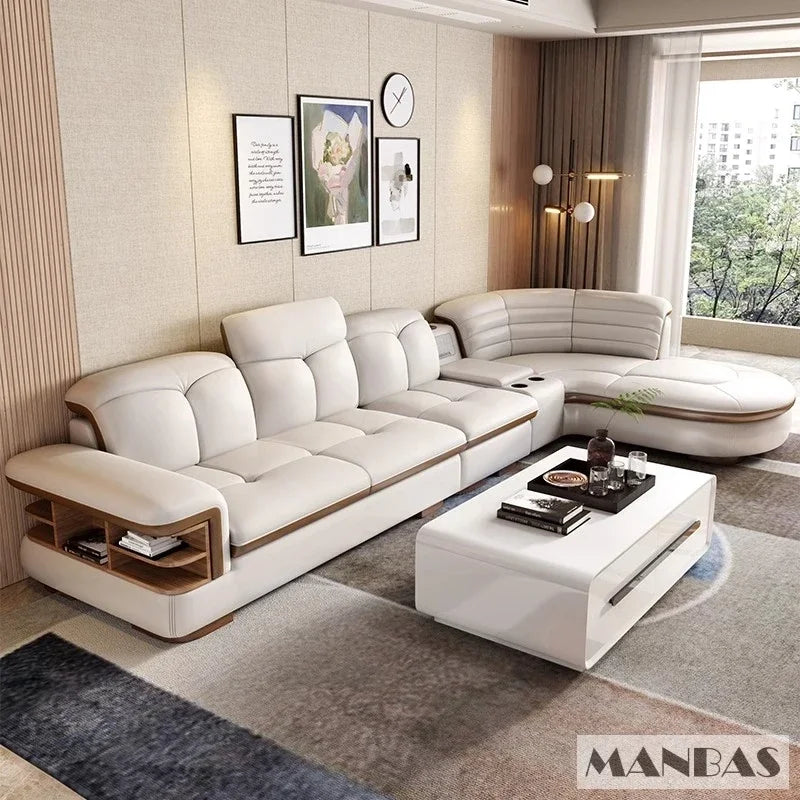 Luxury L-Shaped Genuine Leather Sectional Sofa Sets with USB, Bluetooth Speaker - MANBAS Living Room Italian Leather Couches