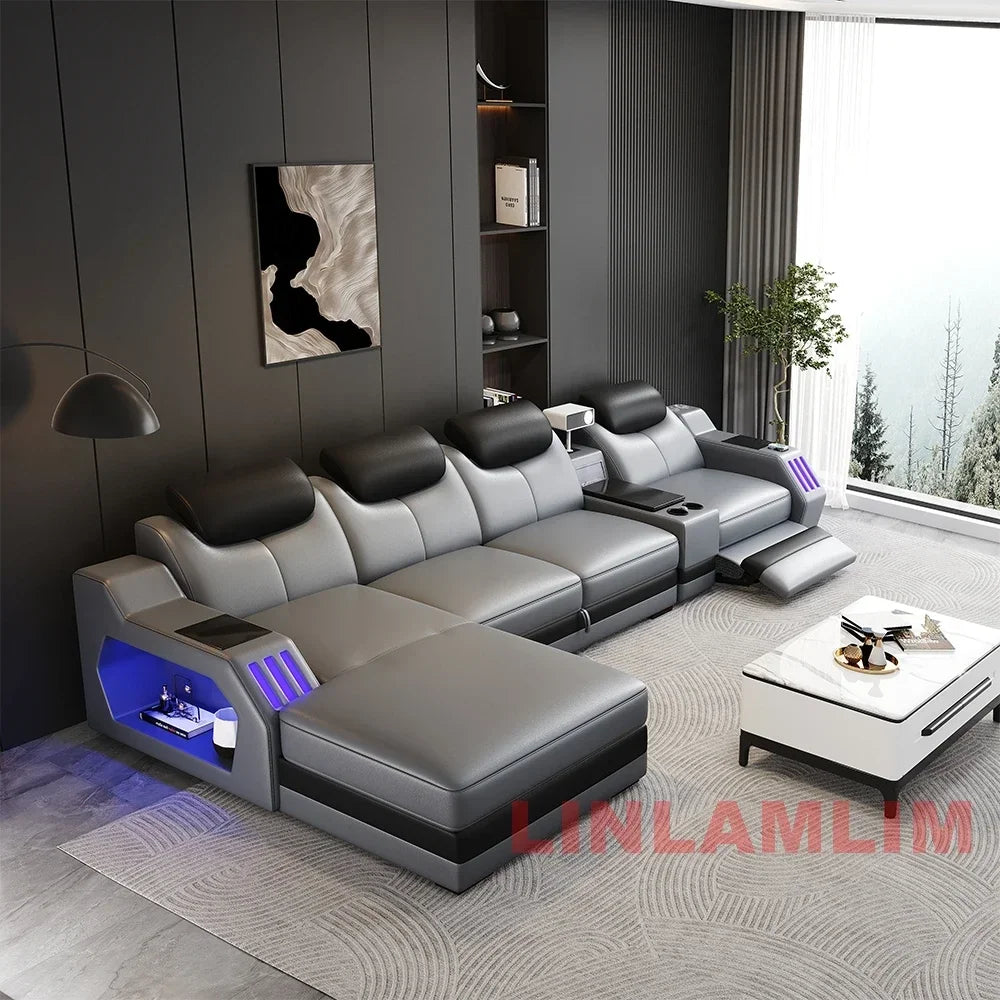 NEW Modern L-Shaped Sectional Sofa Bed with Adjustable Headrests & LED Lights, Genuine Leather Recliner Couch with Storage & USB