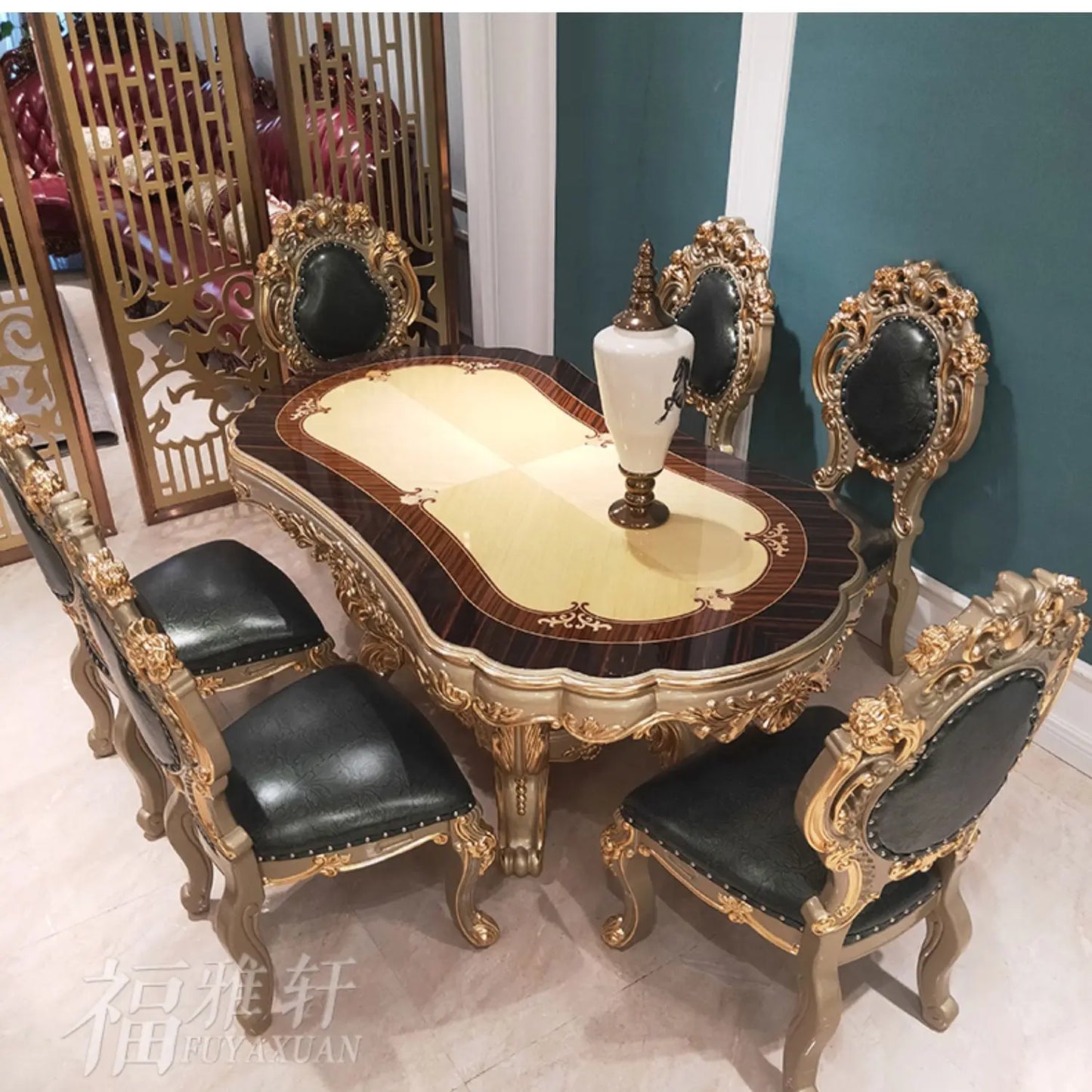 European oval 1.8 meters long dining table and chairs combination villa solid wood carving flower atmosphere dining table
