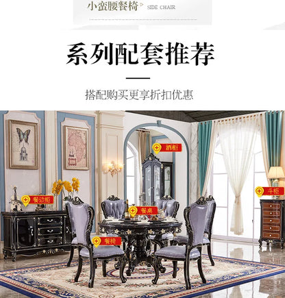 European marble dining table and chair combination American round table ebony French solid wood round home