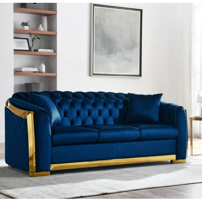 81" Luxury Velvet Chesterfield Sofa Set, Tufted 3 Seat Couch with Gold Stainless for Living Room, Navy Blue Fabric, New Package