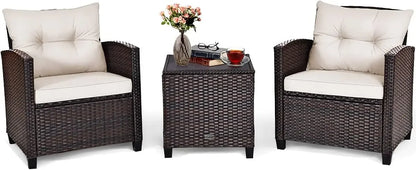 3 Pieces Patio Furniture Set, PE Rattan Wicker 3 Pcs Outdoor Sofa Set w/Washable Cushion and Tempered Glass Tabletop