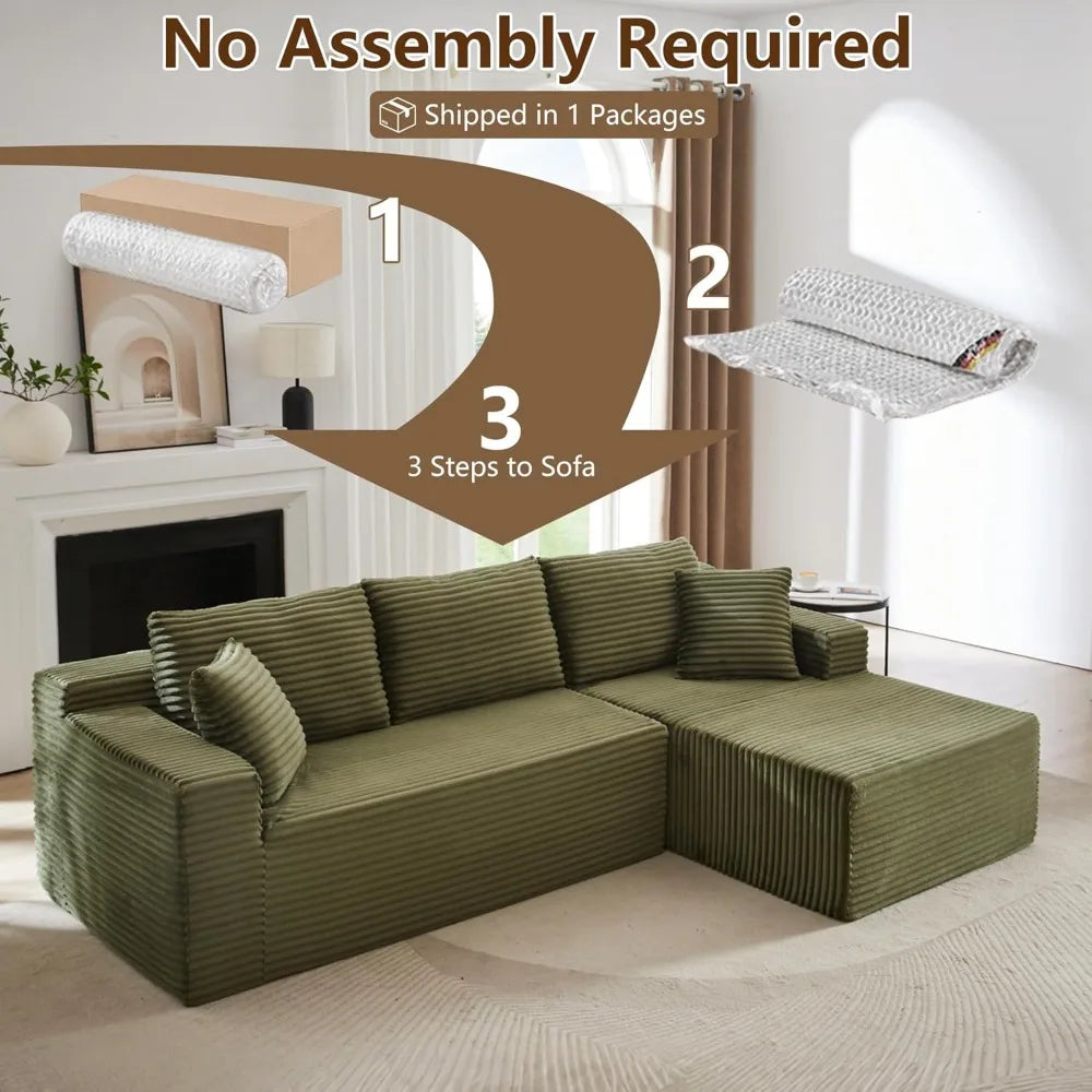 Corduroy L-Shaped Sectional Sofa, Boneless Couch with Right-Facing Chaise, Cloud Comfort for Living Room