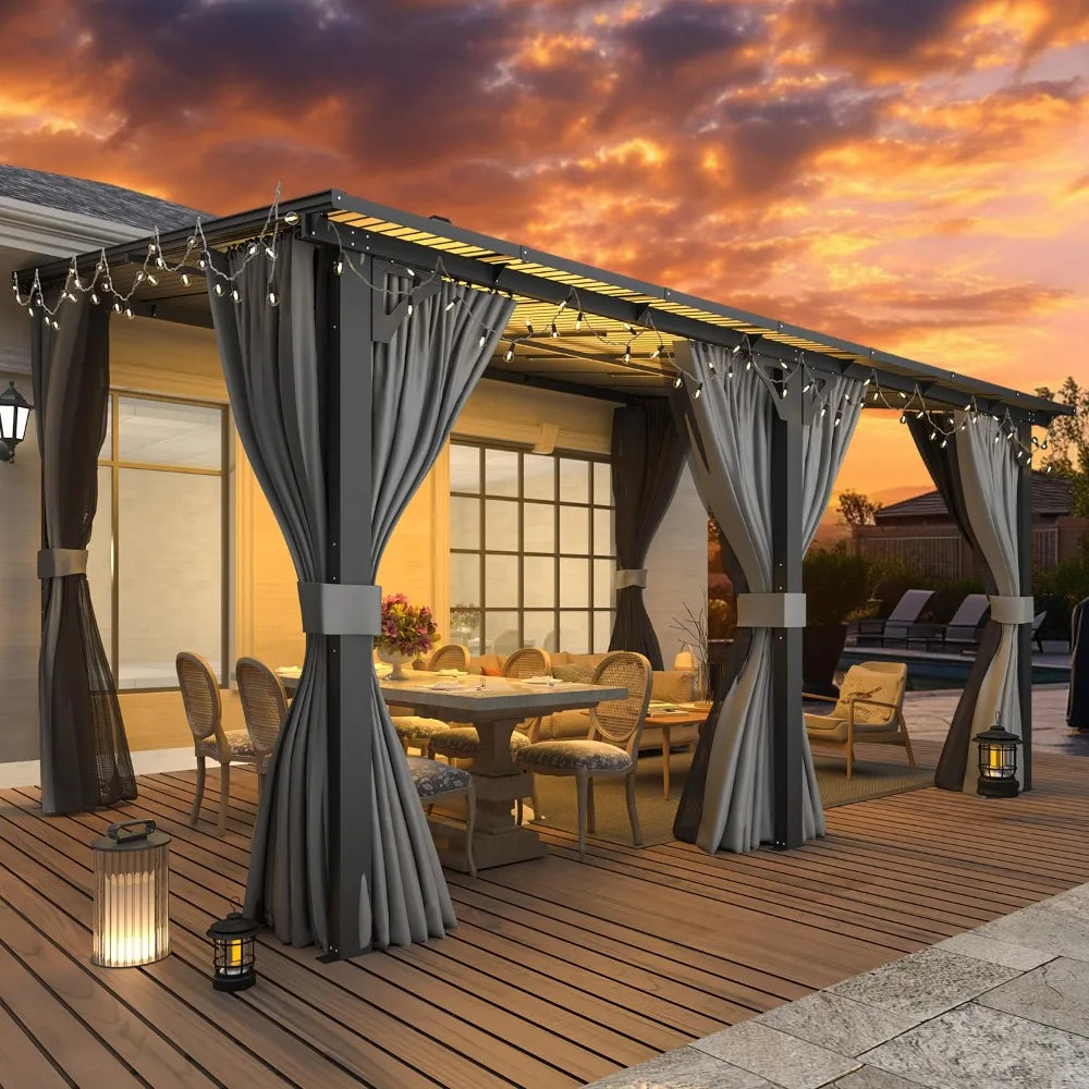 Hard Top Lean-to Gazebo Pergola Curtains & Netting Wall-Mounted Patio Deck Awning, Custom