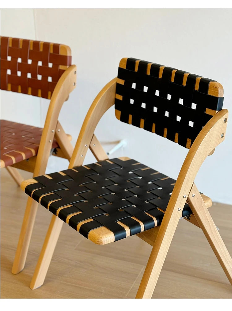 MOMO Retro Solid Wood Dining Chairs Home Living Rooms Saddle Leather Folding Chairs Dining Chairs Wabi Sabi Style Backrest Chair