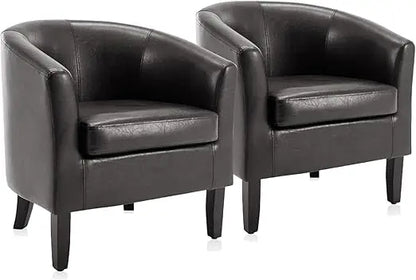 Living Room Chairs Set of 2, Faux Leather Round Accent Barrel Chairs, Club Tub Sofa Chairs for Bedroom, Corner Chairs with Flar