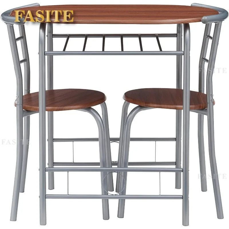 3 Piece Wood Round Table & Chair Set for Dining Room Kitchen Bar Breakfast, with Wine Storage Rack, Space Saving
