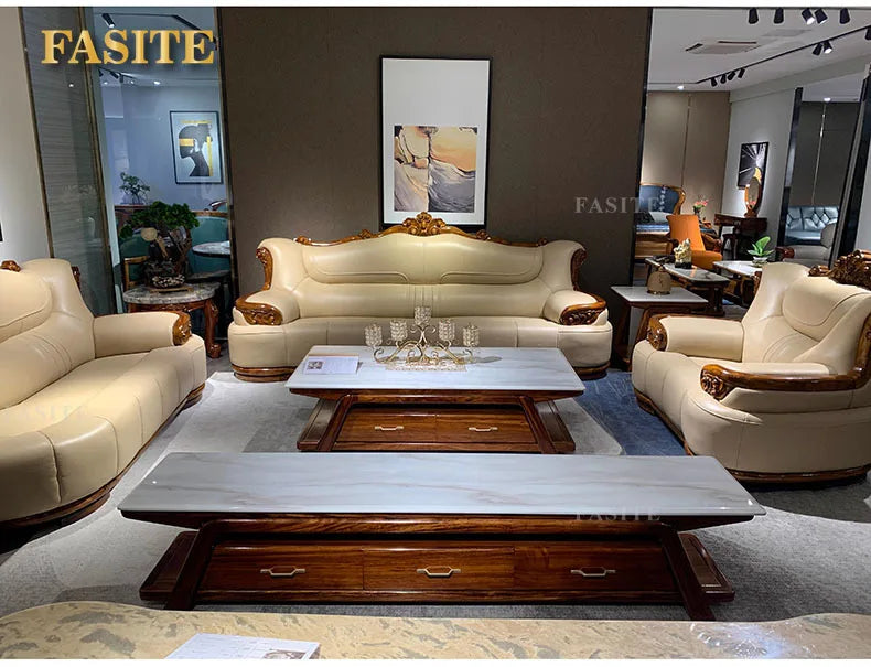 New Chinese-style simple ebony leather sofa luxury villa living room size apartment solid wood furniture corner combination