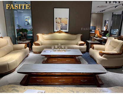 New Chinese-style simple ebony leather sofa luxury villa living room size apartment solid wood furniture corner combination
