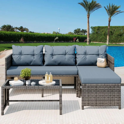 3-Piece All-Weather Patio Furniture Set with Cushions and Glass Table, Blue Outdoor Sofa for Garden