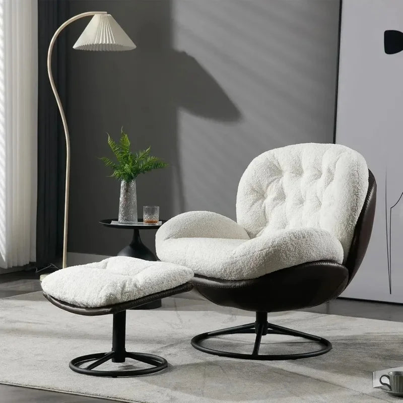 Modern Faux Fur Accent Chair with Ottoman, Lounge Armchair with Footrest and Sturdy Base for Living Room