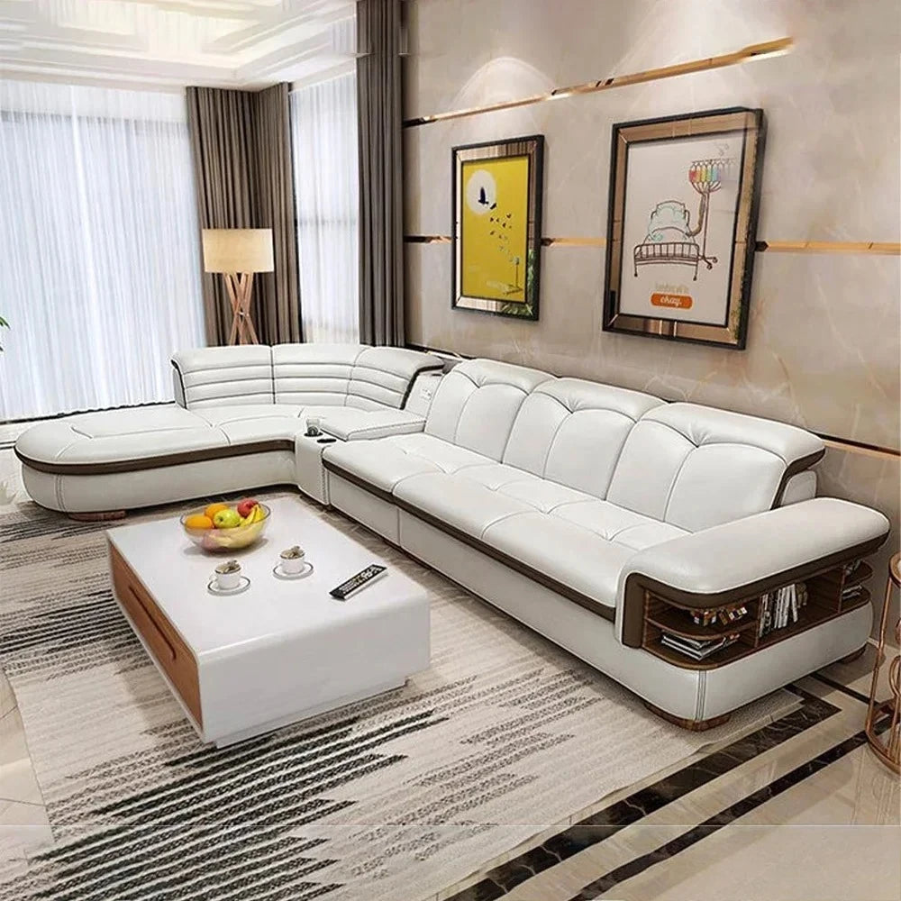 Luxury L-Shaped Genuine Leather Sectional Sofa Sets with USB, Bluetooth Speaker - MINGDIBAO Living Room Italian Leather Couches