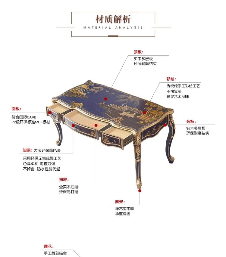 Royal Blue Hand-Painted Solid Wood French-Chinese Dining Set Dining & Study Dual Use