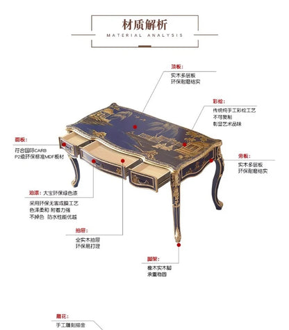 Royal Blue Hand-Painted Solid Wood French-Chinese Dining Set Dining & Study Dual Use