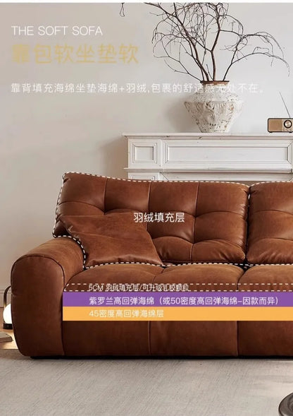 Retro oil wax leather sofa, small apartment living room straight row sofa, large sitting depth movable backrest medium ancient