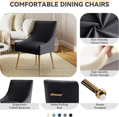 Modern Velvet Dining Chairs Set of 2 with Gold Legs, Tufted Black Upholstered Chairs for Living Room, Study, Reception
