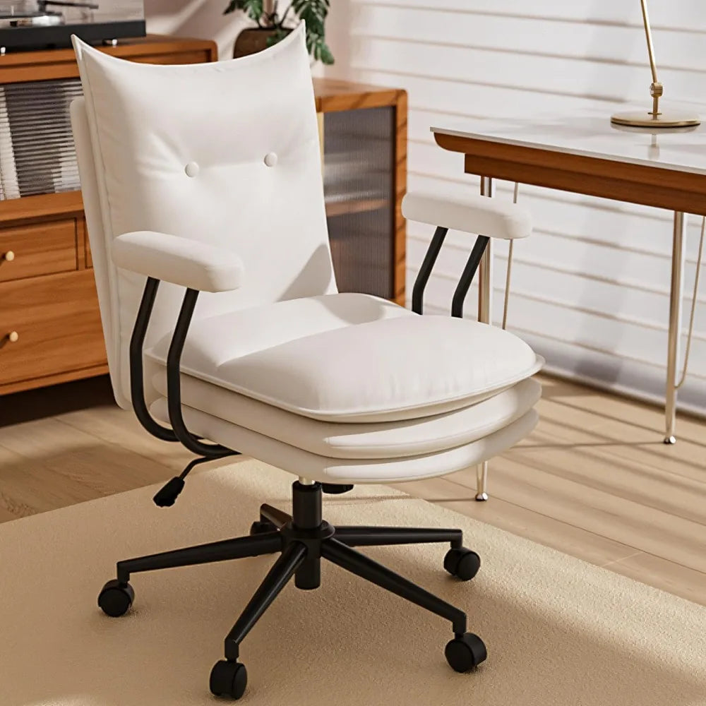 White Leather Office Chair with Wheels, Triple-Layers Thicken Wide Seat Height Adjustable, Mid Back, Comfy Desk Chair for Home,