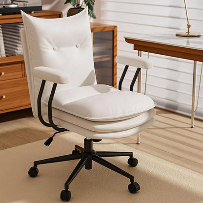 White Leather Office Chair with Wheels, Triple-Layers Thicken Wide Seat Height Adjustable, Mid Back, Comfy Desk Chair for Home,