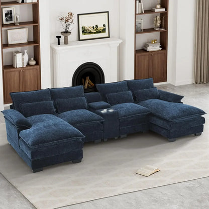 Sectional Sofa Cloud Couch for Living Room, 123" Modern Fluffy Chenille U Shaped Couch, with Storage Console & Cup Holders