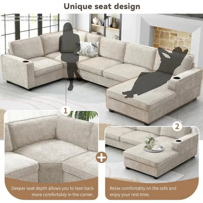 Large U-Shaped 6-Seat Chenille Sectional Sofa Set with Chaise, Cup Holders for Spacious Living Room