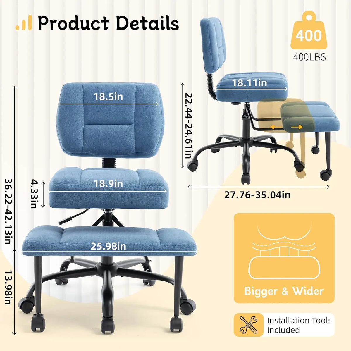Cross Leg Chair - Meditation Chair with Wheels, ADHD Chair, Height Adjustable Seat, Adjustable Footstool