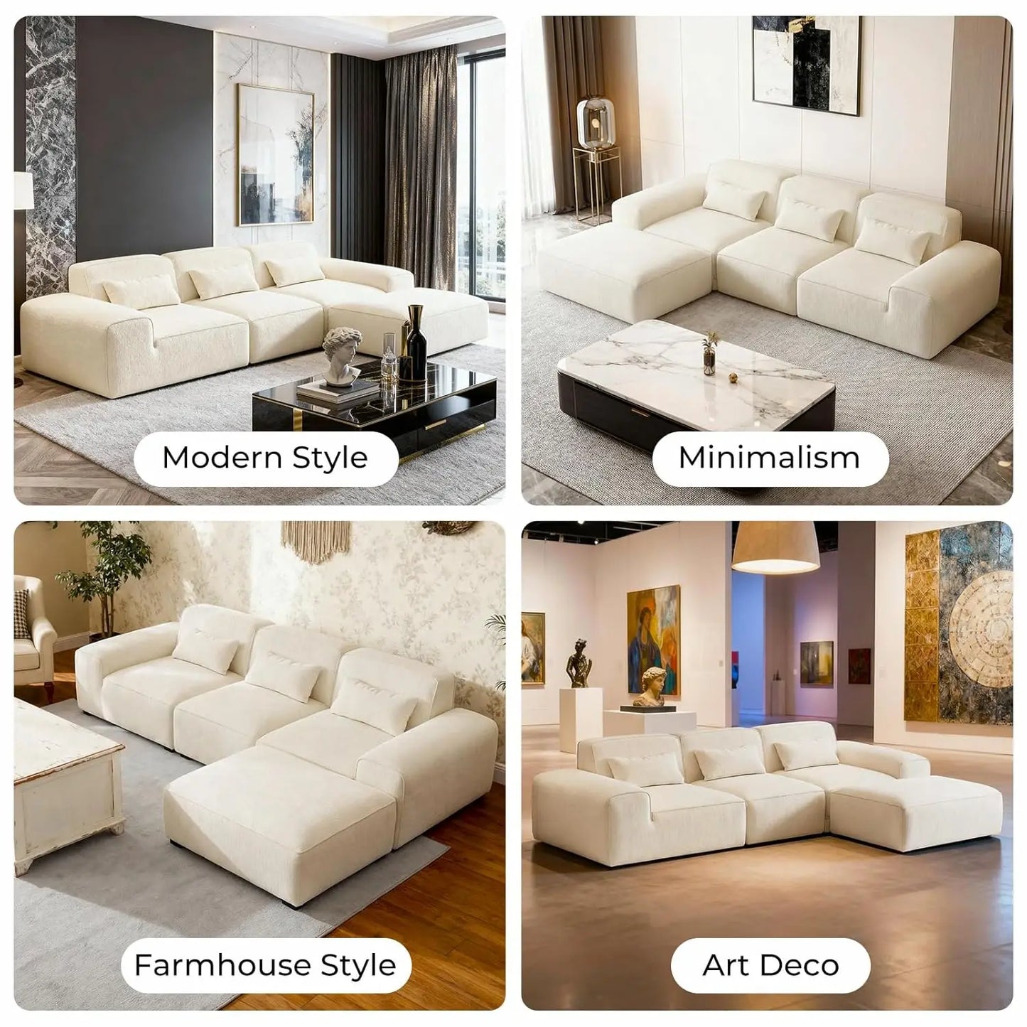 110" L Shaped Modular Cloud Couch Sectional – Boneless 3-Seater Sofa with Ottoman for Living Room Bedroom and, Customized