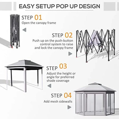 11' x 13' Pop Up Gazebo  Tent with Zippered Mesh Sidewalls and Carrying Bag Event Tent Shelter for Patio Garden Backyard Gray