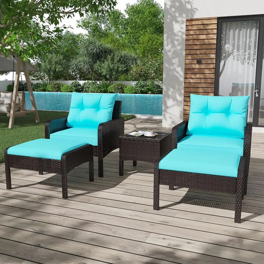 5-Piece Outdoor Patio Furniture Set with PE Rattan Chairs, Ottoman, and Table, Ideal for Porch, Garden, Backyard, Balcony, Brown
