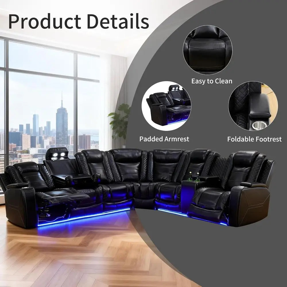 Power Reclining Sectional Soa or Living Room,ern L-Shaped Black Air Leather Sectional Couch Set,Recliner Soa Set,with LED Lights