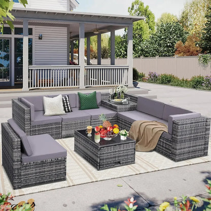 y 8-piece outdoor wicker terrace furniture set with large storage and glass tabletop, 7 padded sofas and 1 oversized table